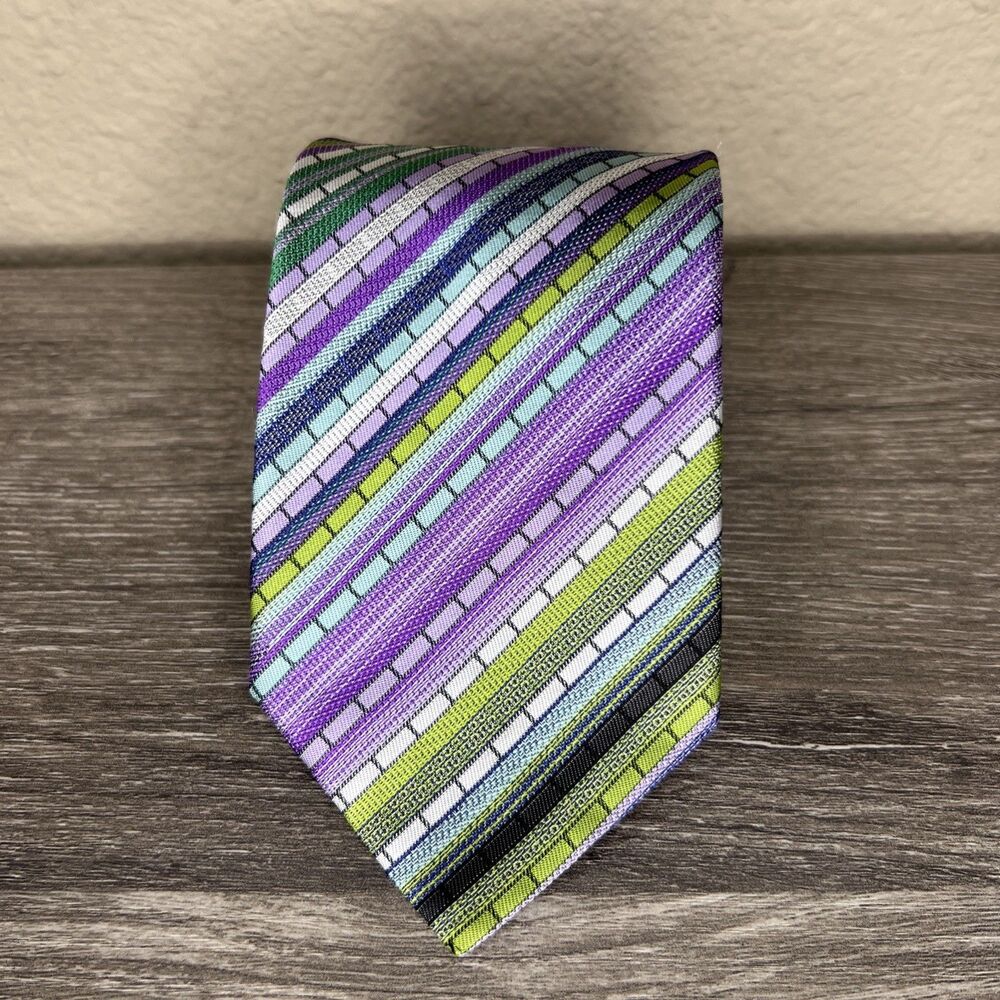 Missoni Geometric Striped Silk Necktie Purple Green Luxury Designer Italy 60"